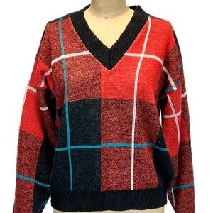 VINTAGE 70s 80s tartan plaid knit sweater v-neck‎ preppy moody academia women’s